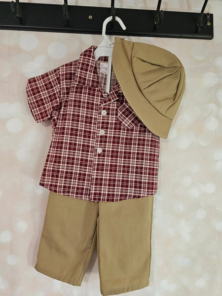 3pc Shirt, Pants and Hat- Red and Khaki