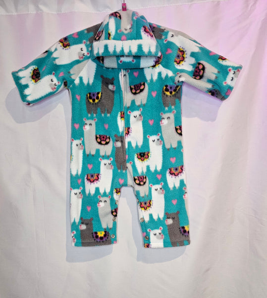 Lulu Llama Handmade Fleece Baby Romper Set – Snap Front One Piece with Matching Beanie (3–6M)