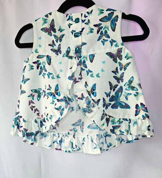 Blue Butterfly Garden Dress + Bloomers | Flyaway Back | 12 Months