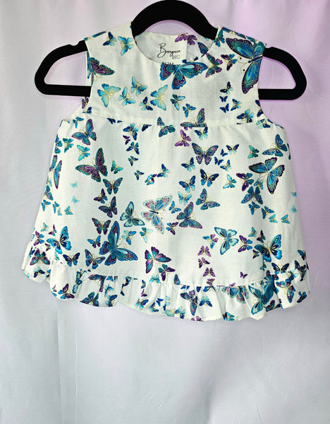 Blue Butterfly Garden Dress + Bloomers | Flyaway Back | 12 Months