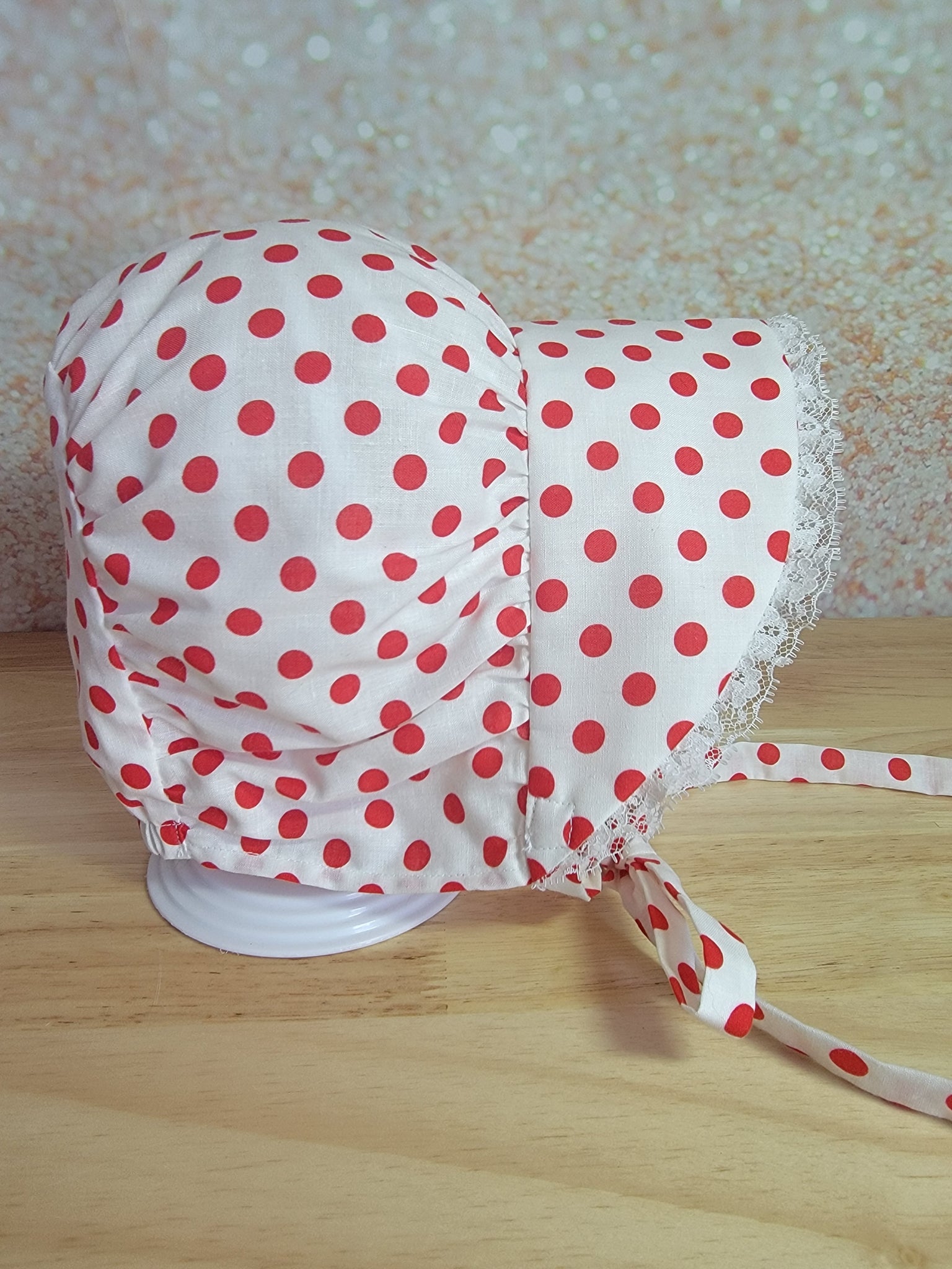 Red Polka Dot and Lace Bonnet 6-12M