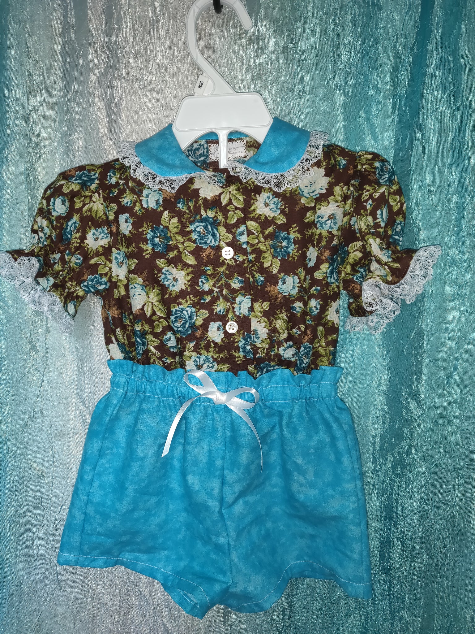 2pc Brown & Teal Blouse and Shorts