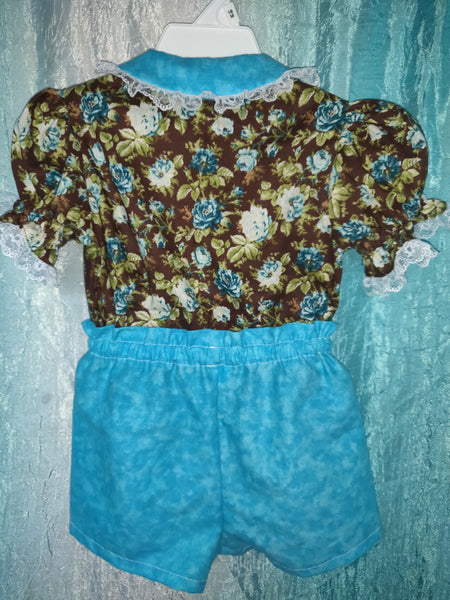 2pc Brown & Teal Blouse and Shorts