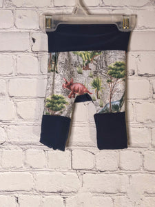 Front: Gray background with colorful dinosaurs and landscape. Navy blue waist band and leg bands folded for smaller size.